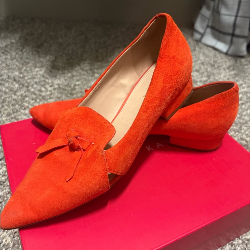 Cole Haan Orange Suede Pointed-Toe Loafers with Knot Accent
